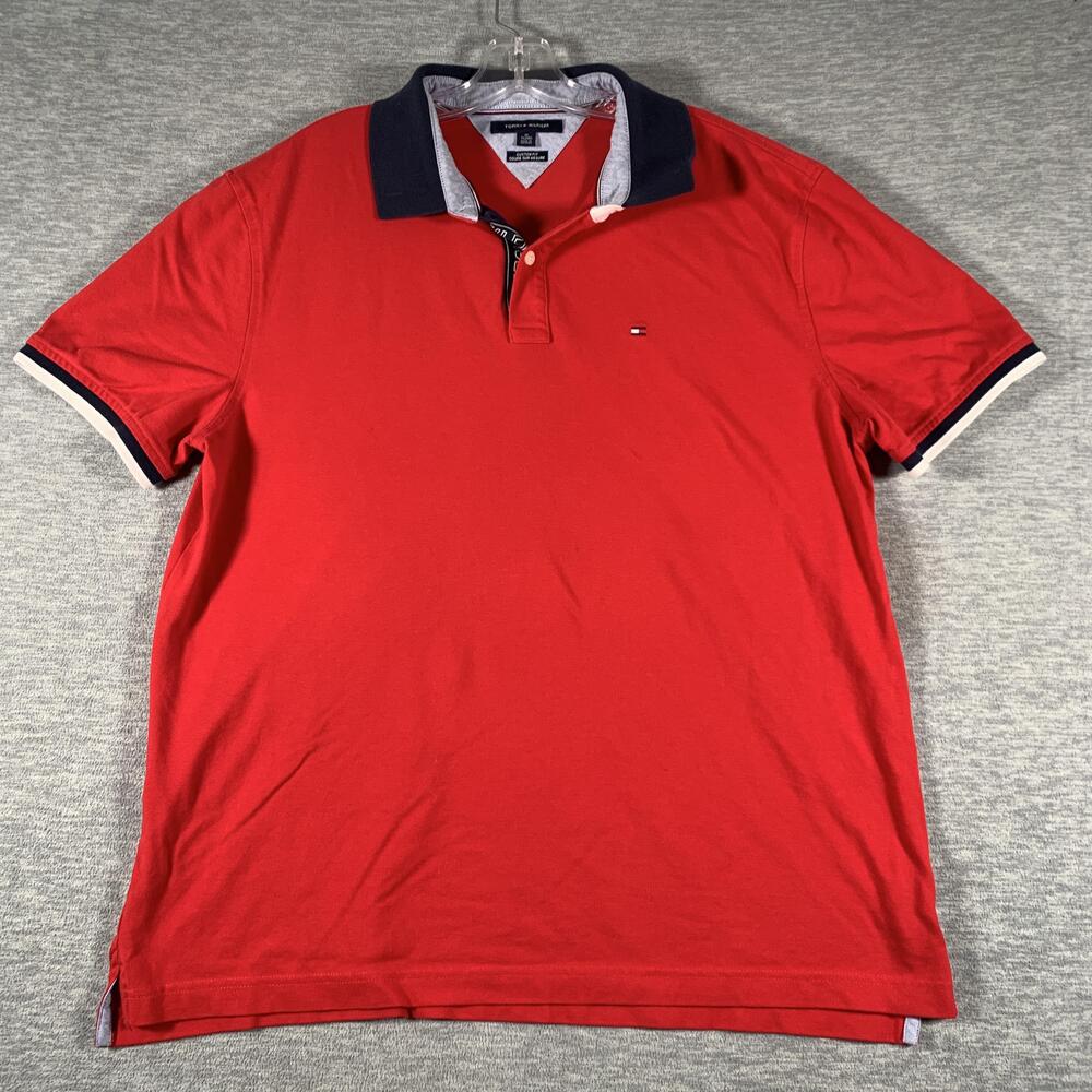 Tommy Hilfiger Polo Shirt Mens XL Red Custom Fit Logo Collar Knit Short Sleeve